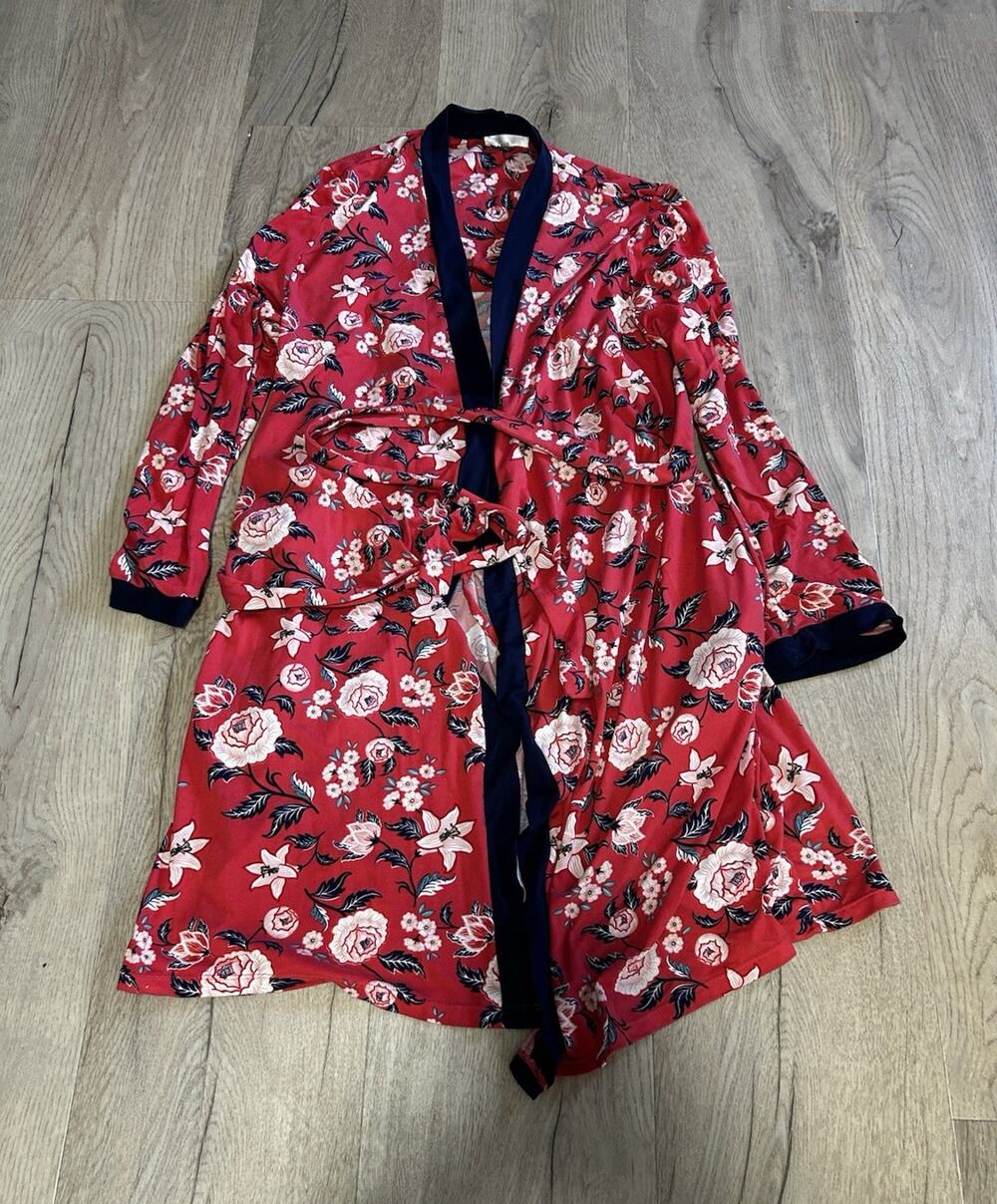 Emily Women's Satin Kimono Robe XL Red Floral V-Neck Long Sleeve Belted Tie